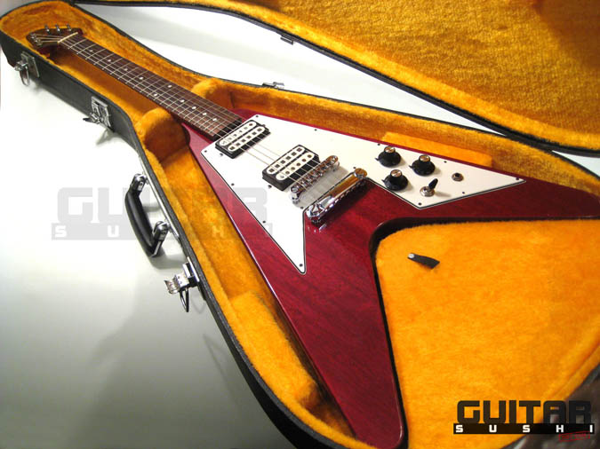 Vintage 1975 Electra 2236 Flying Wedge V Electric Guitar with Original Hardshell Case wine red burgundy finished mahogany body with two original double coil humbucking pickups and chrome hardware [GUITAR SUSHI] Maintaining a wide-stance since 2006 | www.guitarsushi.com