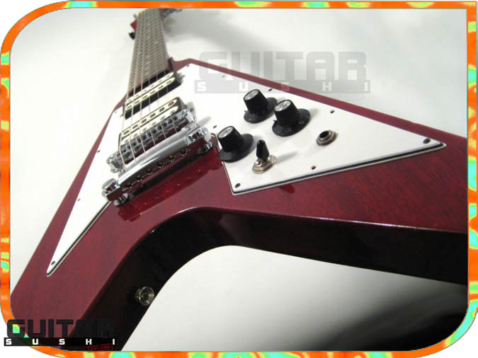 Vintage 1975 Electra 2236 Flying Wedge V Electric Guitar with Original Hardshell Case wine red burgundy finished mahogany body with two original double coil humbucking pickups and chrome hardware [GUITAR SUSHI] Maintaining a wide-stance since 2006 | www.guitarsushi.com