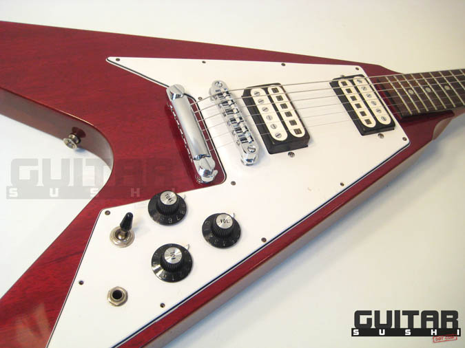 Vintage 1975 Electra 2236 Flying Wedge V Electric Guitar with Original Hardshell Case wine red burgundy finished mahogany body with two original double coil humbucking pickups and chrome hardware [GUITAR SUSHI] Maintaining a wide-stance since 2006 | www.guitarsushi.com