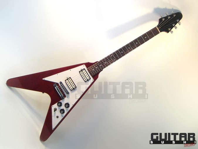 Vintage 1975 Electra 2236 Flying Wedge V Electric Guitar with Original Hardshell Case wine red burgundy finished mahogany body with two original double coil humbucking pickups and chrome hardware [GUITAR SUSHI] Maintaining a wide-stance since 2006 | www.guitarsushi.com